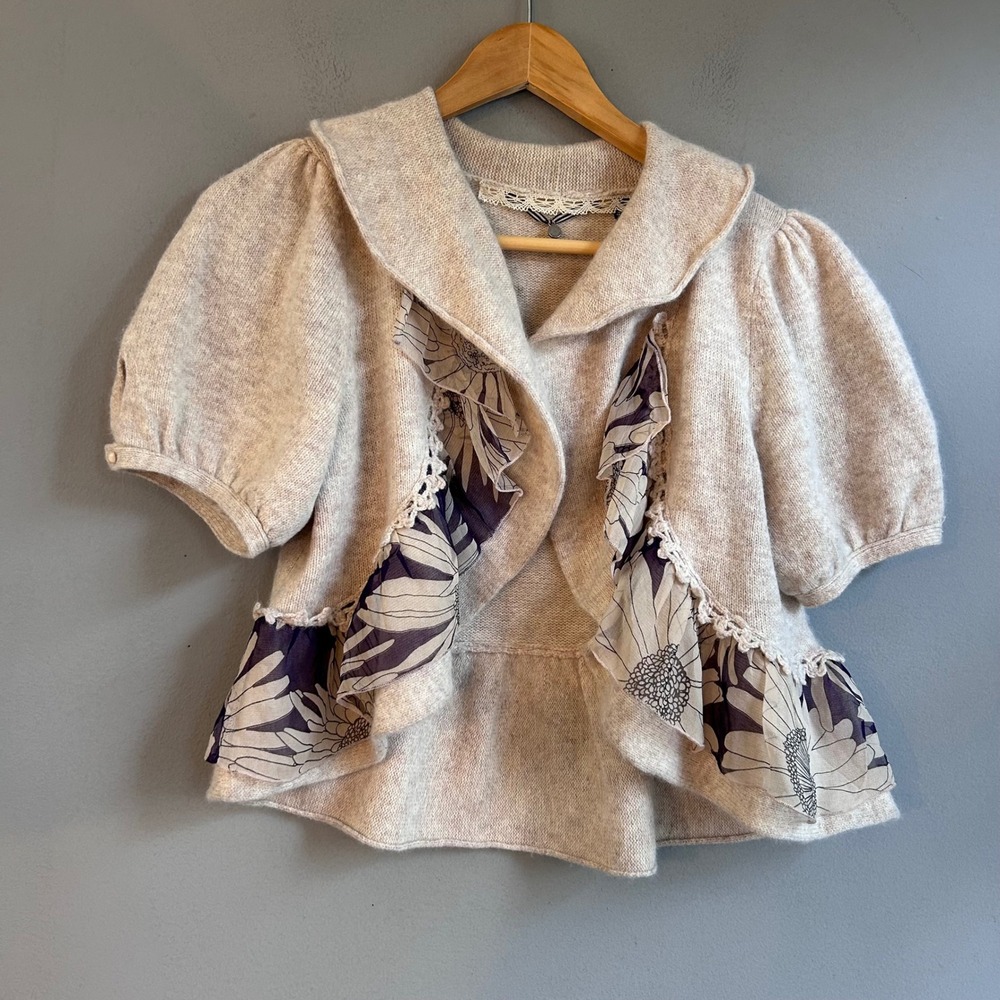 Knitted & Knotted Anthropologie Wool Angora Silk Floral Ruffle Cardigan Small
